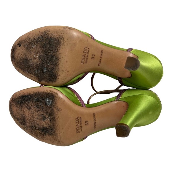 Prada Green Satin Pink Python Leather Accent Ankle Strap High Heels 6 - Picture 4 of 7